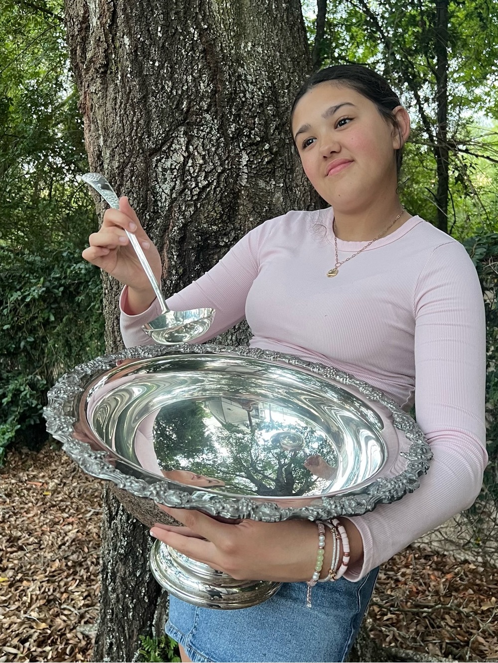 Vintage 1950's Large Silver Plate Punch Bowl & Ladle, Sheridan, Footed 18” Bowl